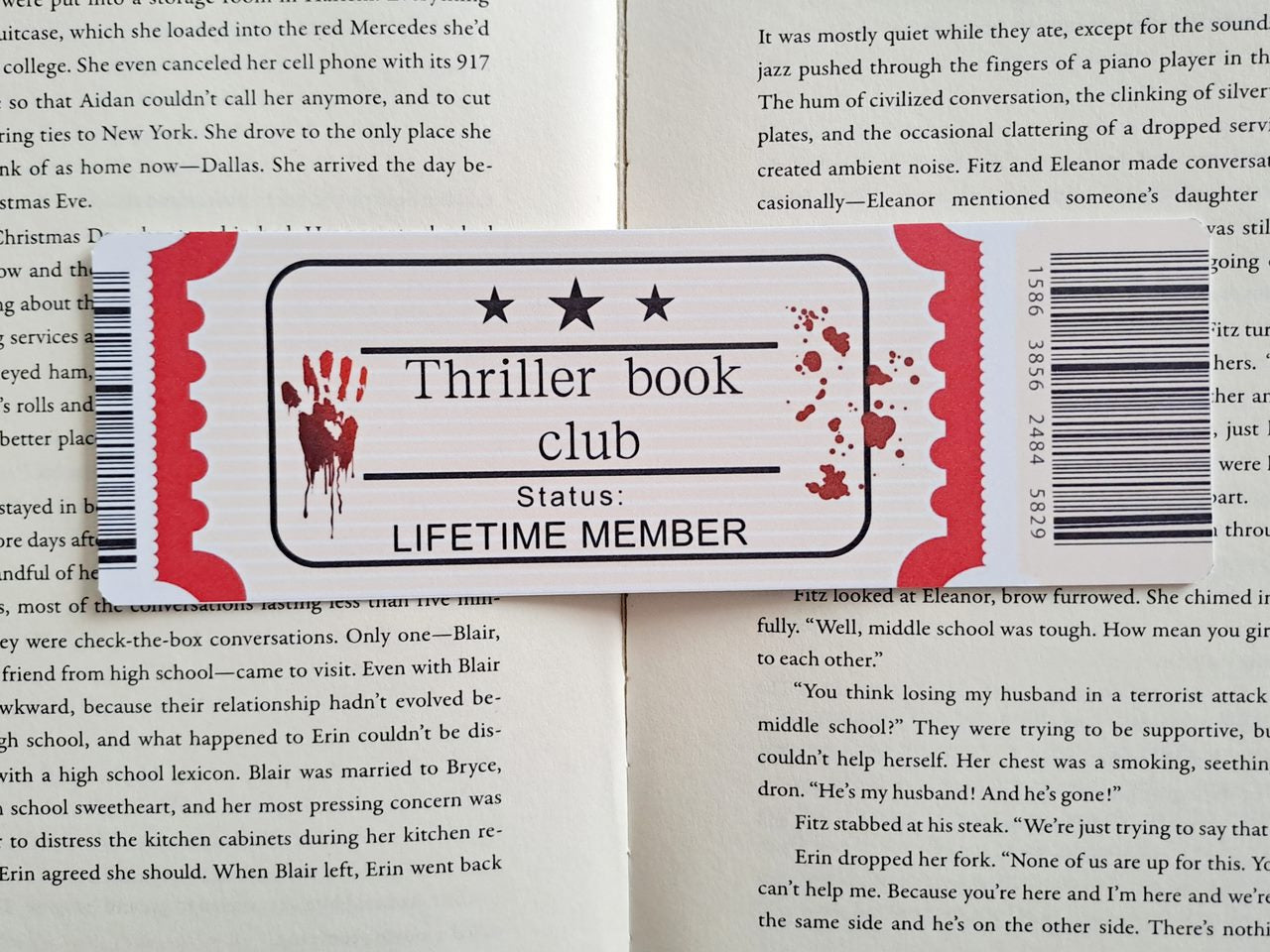 Thriller book club ticket bookmark
