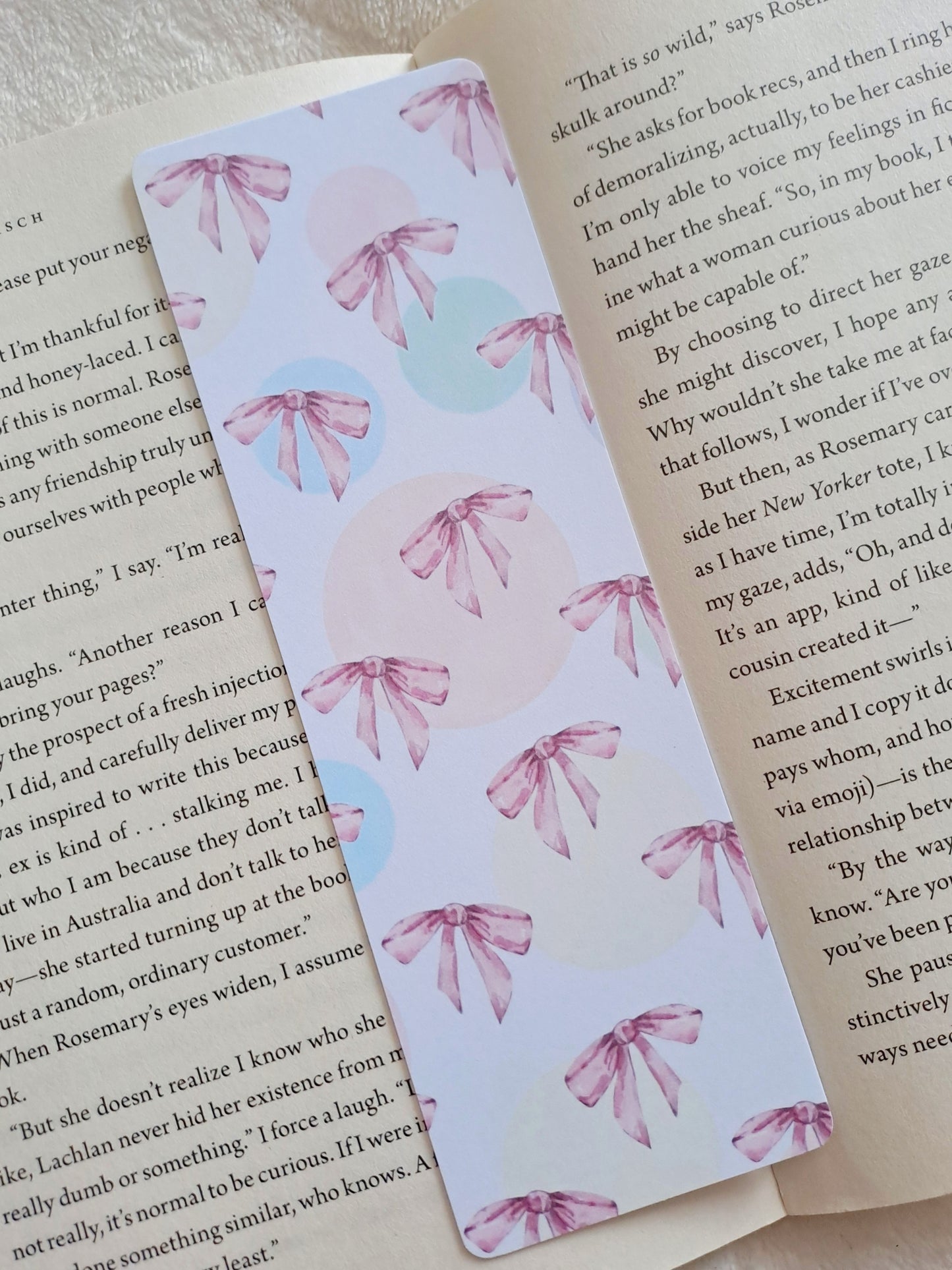 Blue and pink bows double-sided bookmarks