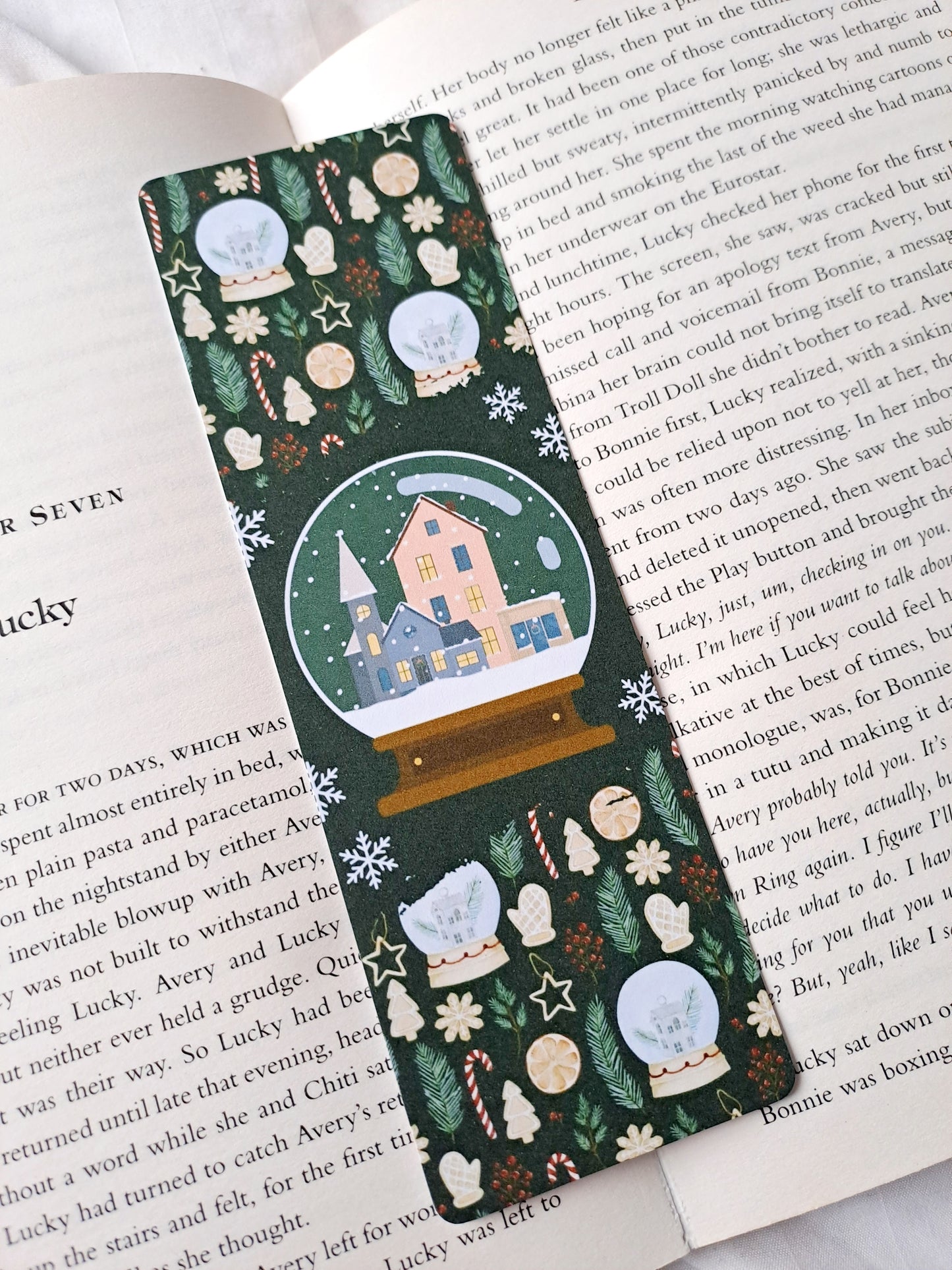 Magical Christmas snow globe bookmark in forest green