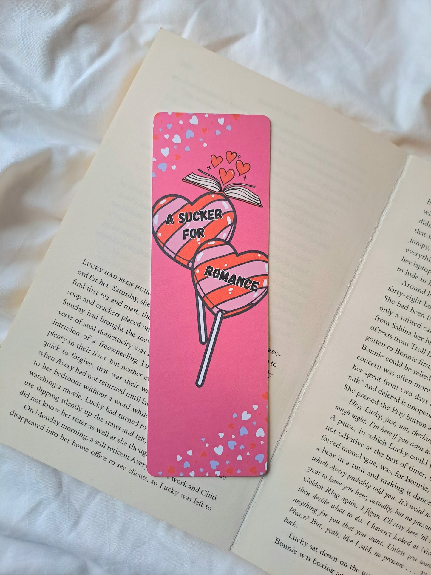 A sucker for Romance love heart lollipops bookmark