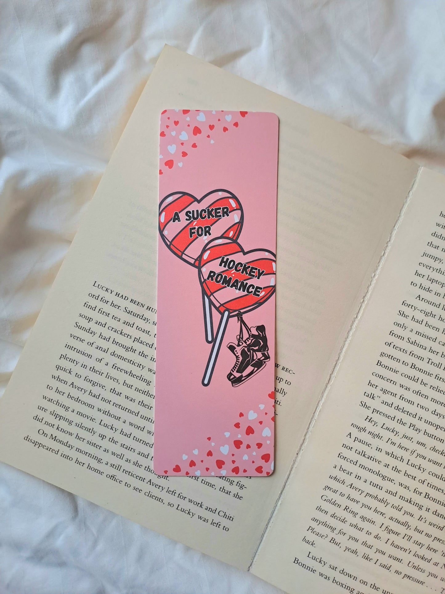 A sucker for Hockey romance love heart lollipops bookmark