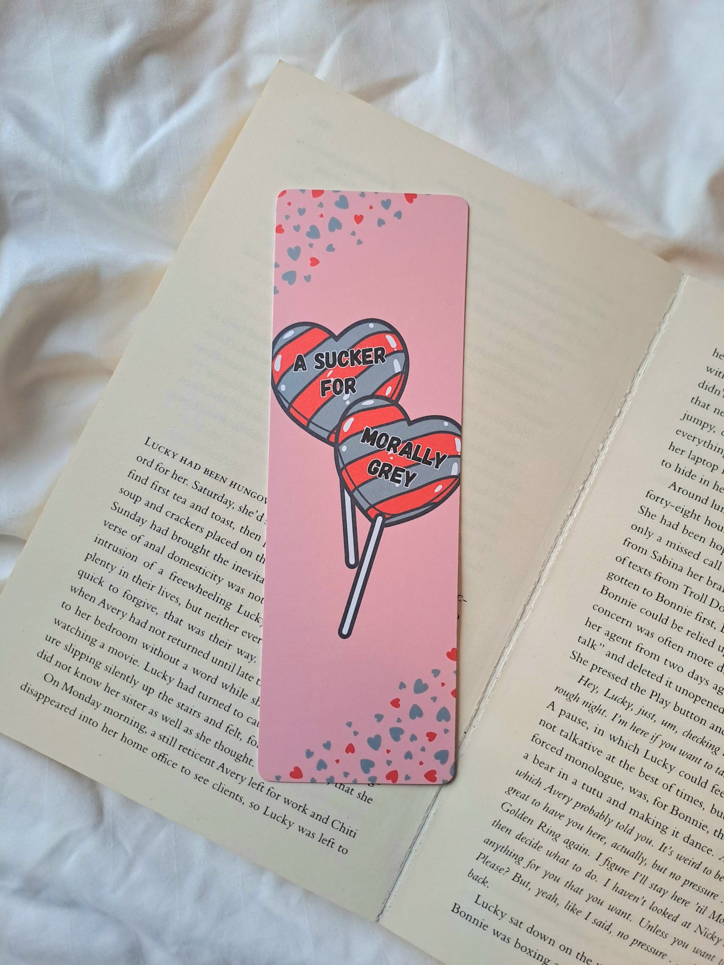 A sucker for morally grey love heart lollipops bookmark