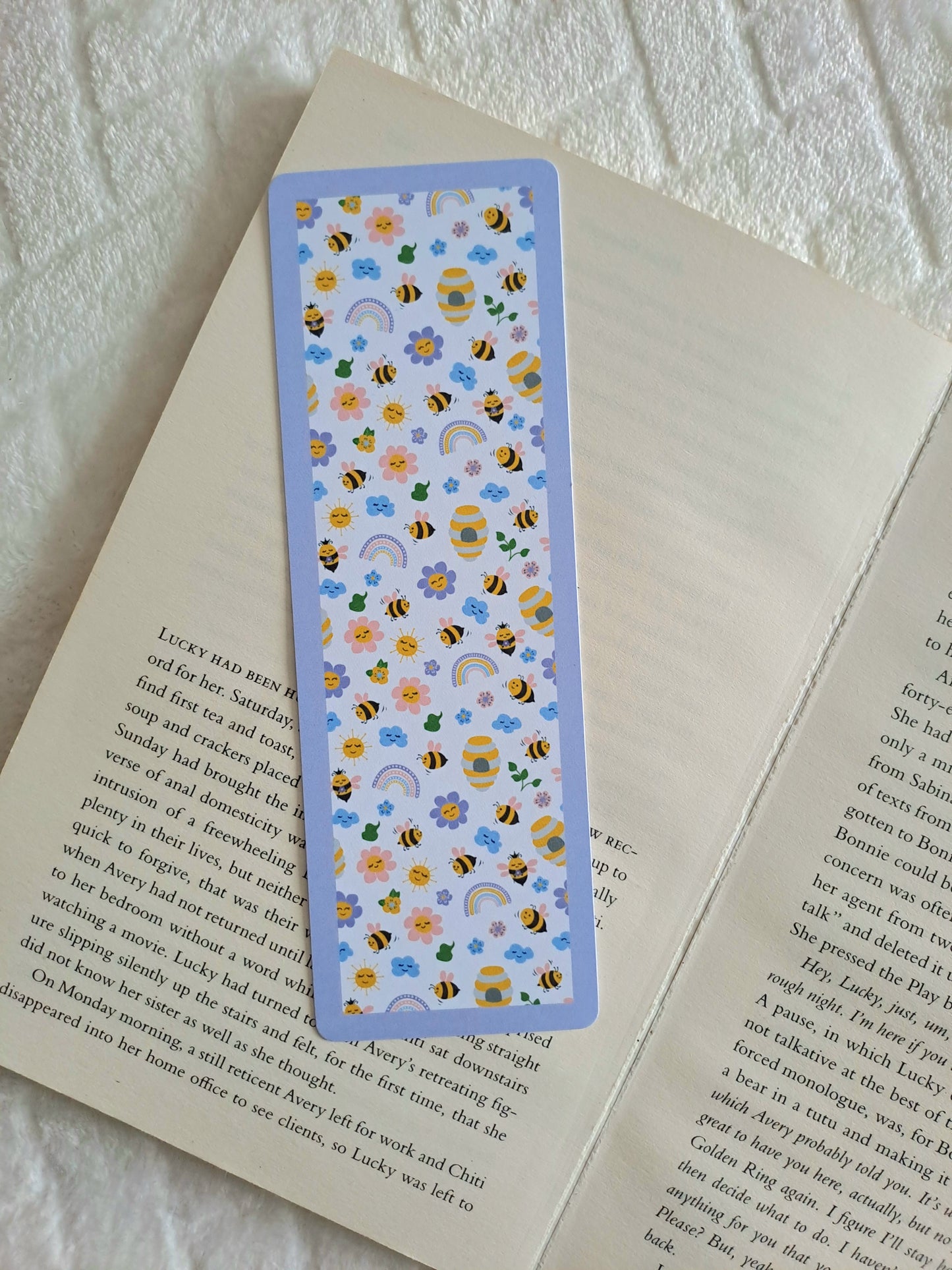 Spring bookmark with purple border - Gift for booklover | Reading accessories | Bees, flowers, clouds, rainbows