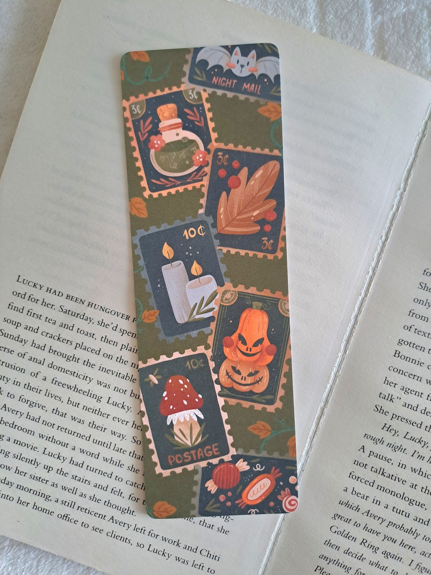 Halloween/autumn vintage stamps bookmark - Goth-lite, pumpkins, bat mail, toadstool, potions