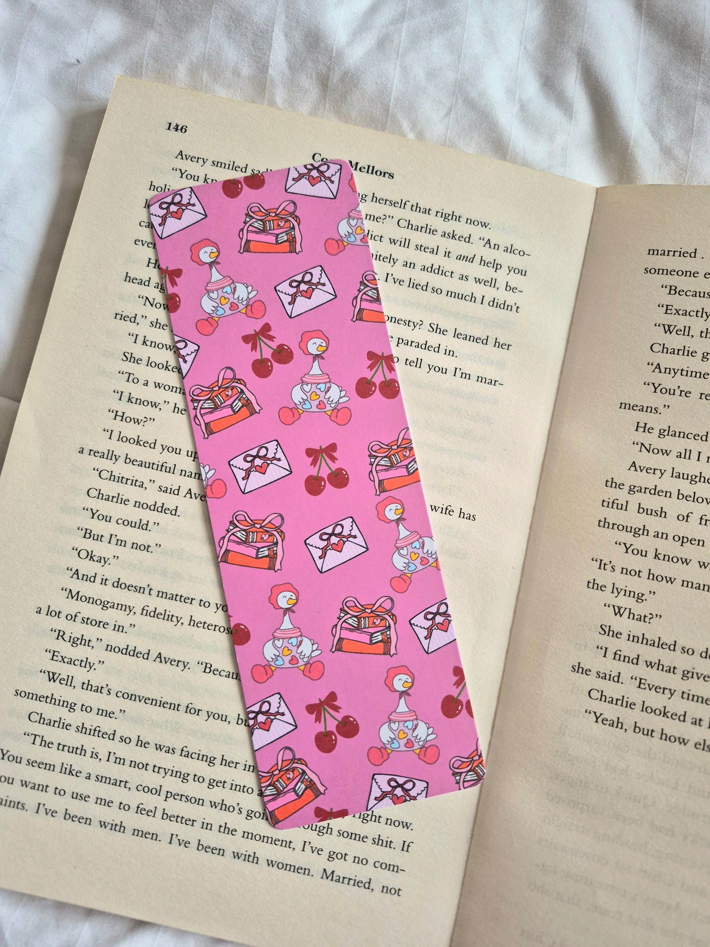 Goose and cherries valentines bookmark