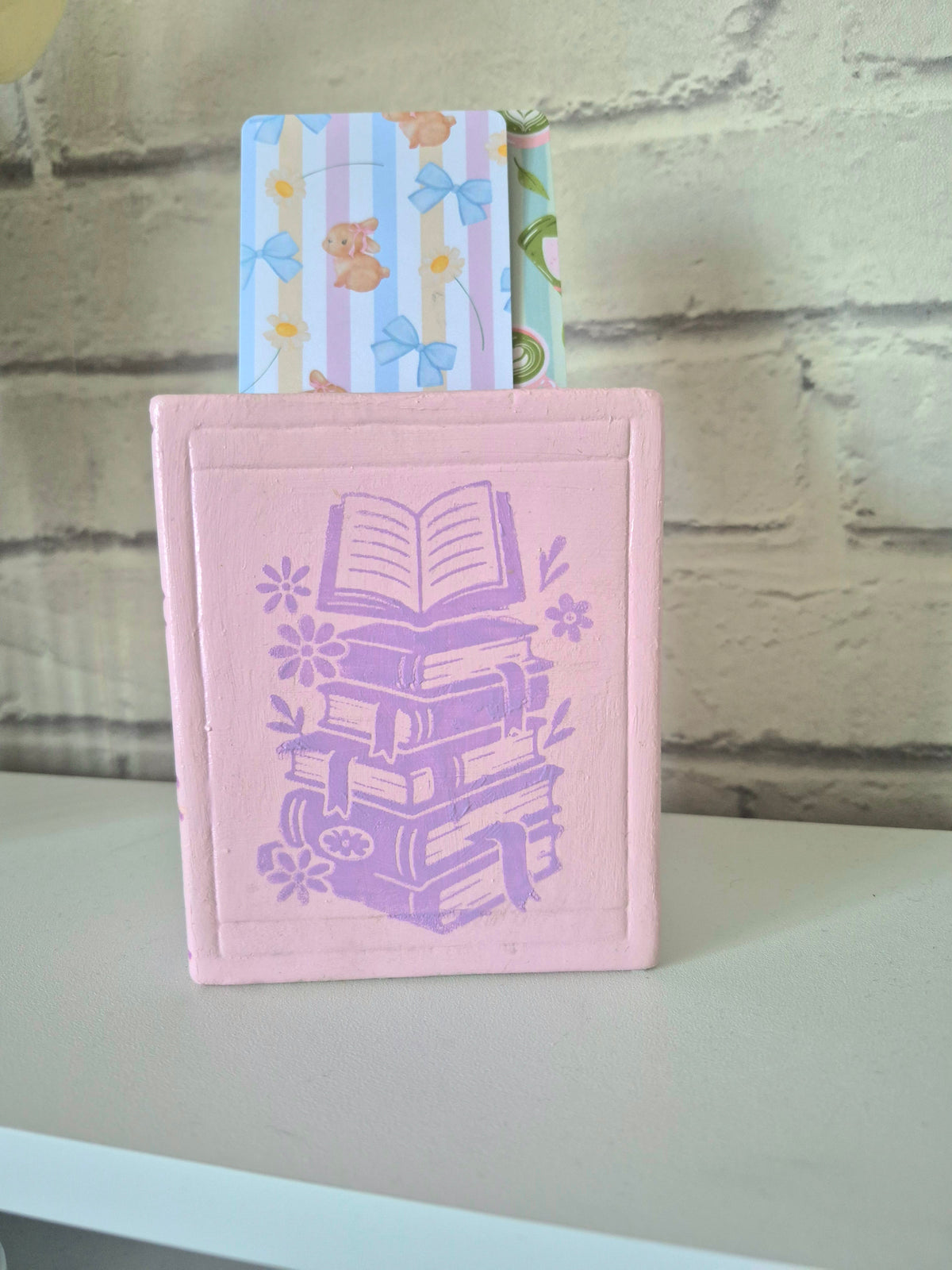 Ceramic bookmark holder - Hand painted pastel pink and purple book themed gift
