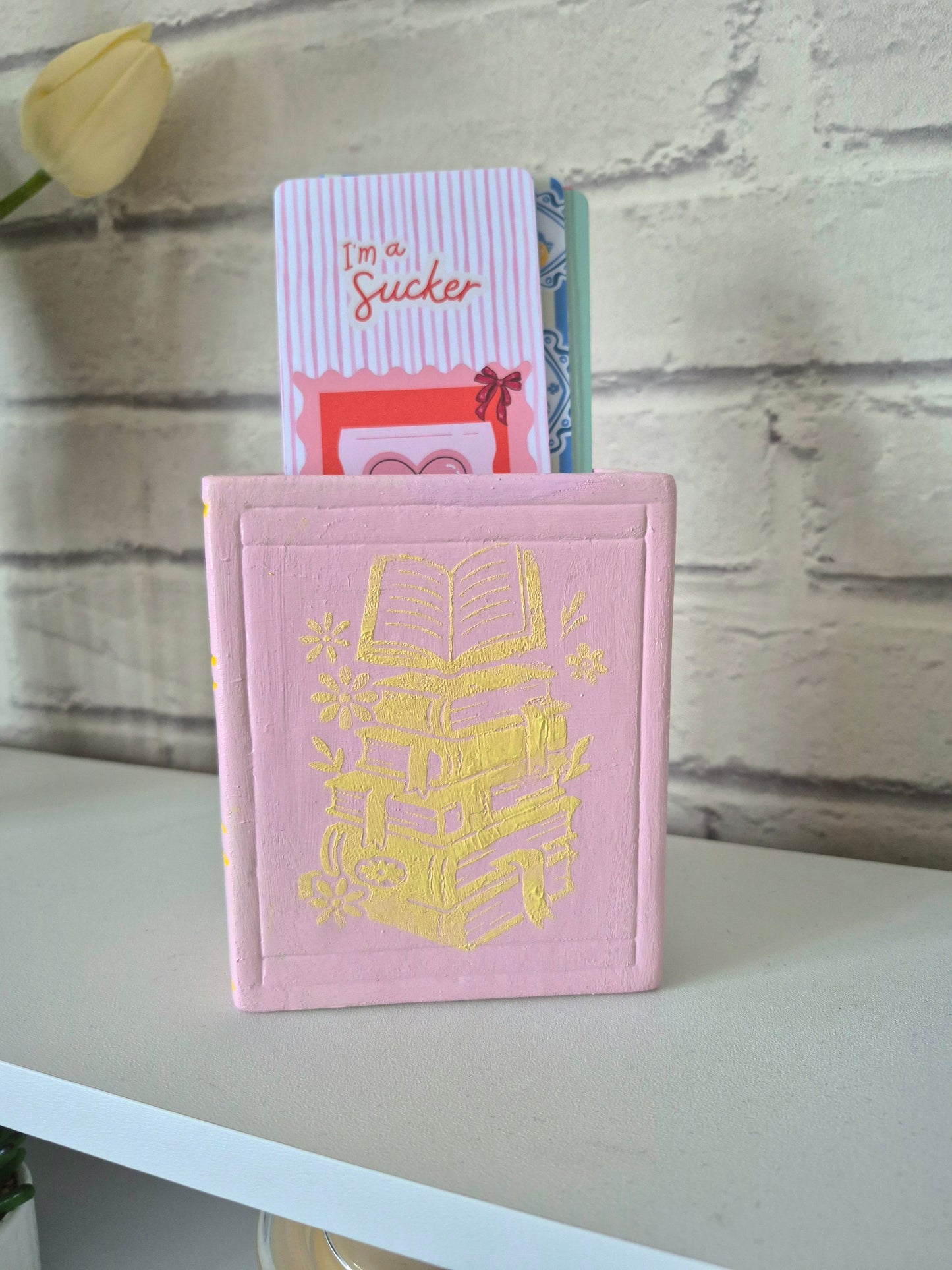 Oops! Ceramic bookmark holder - Hand painted pink and yellow book themed gift