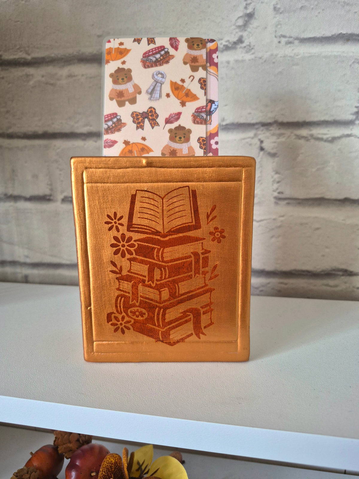 Gold bookmark holder with autumnal brown book design - Hand painted