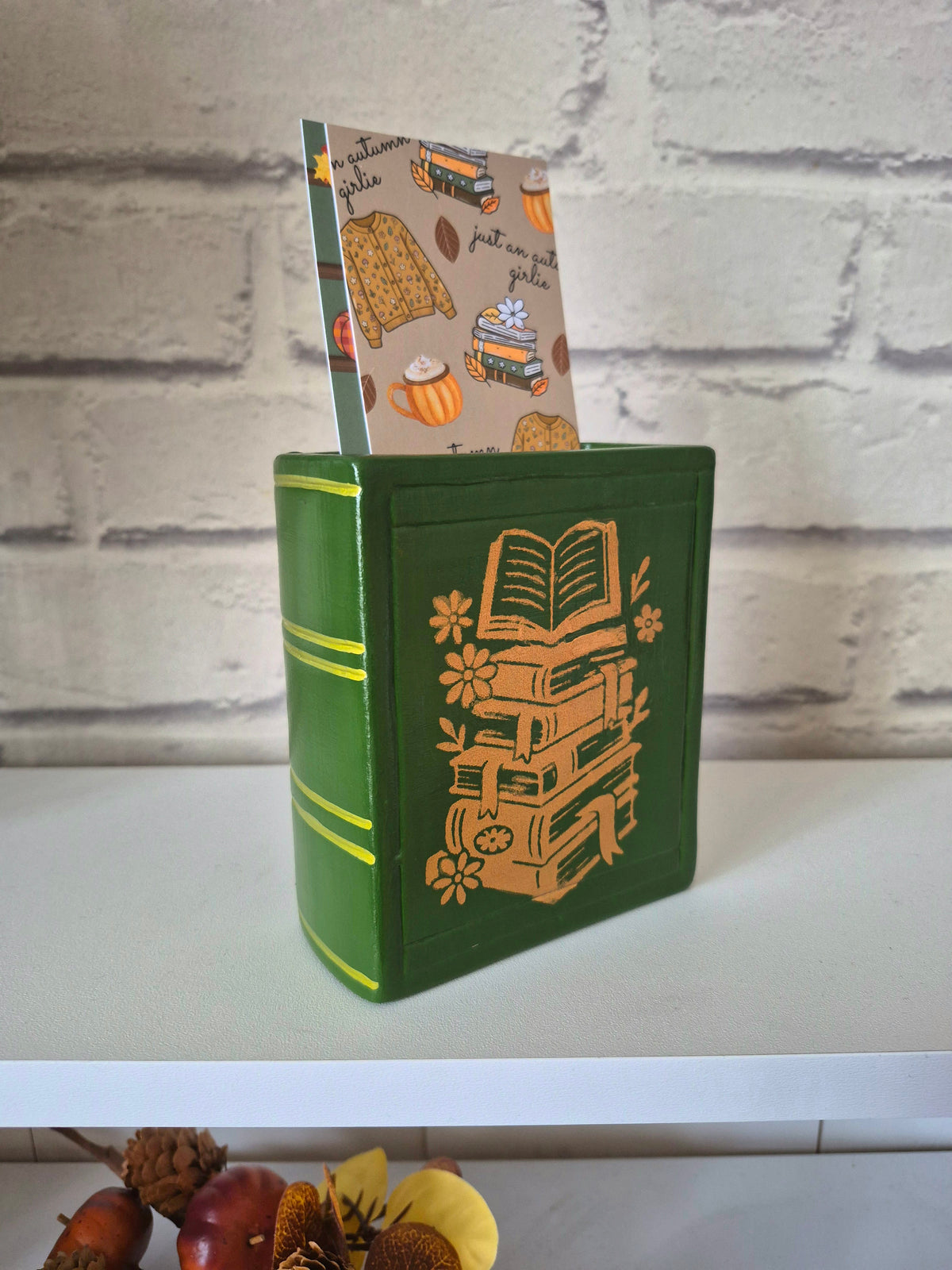 Forest Green bookmark holder with autumnal gold book design - Hand painted