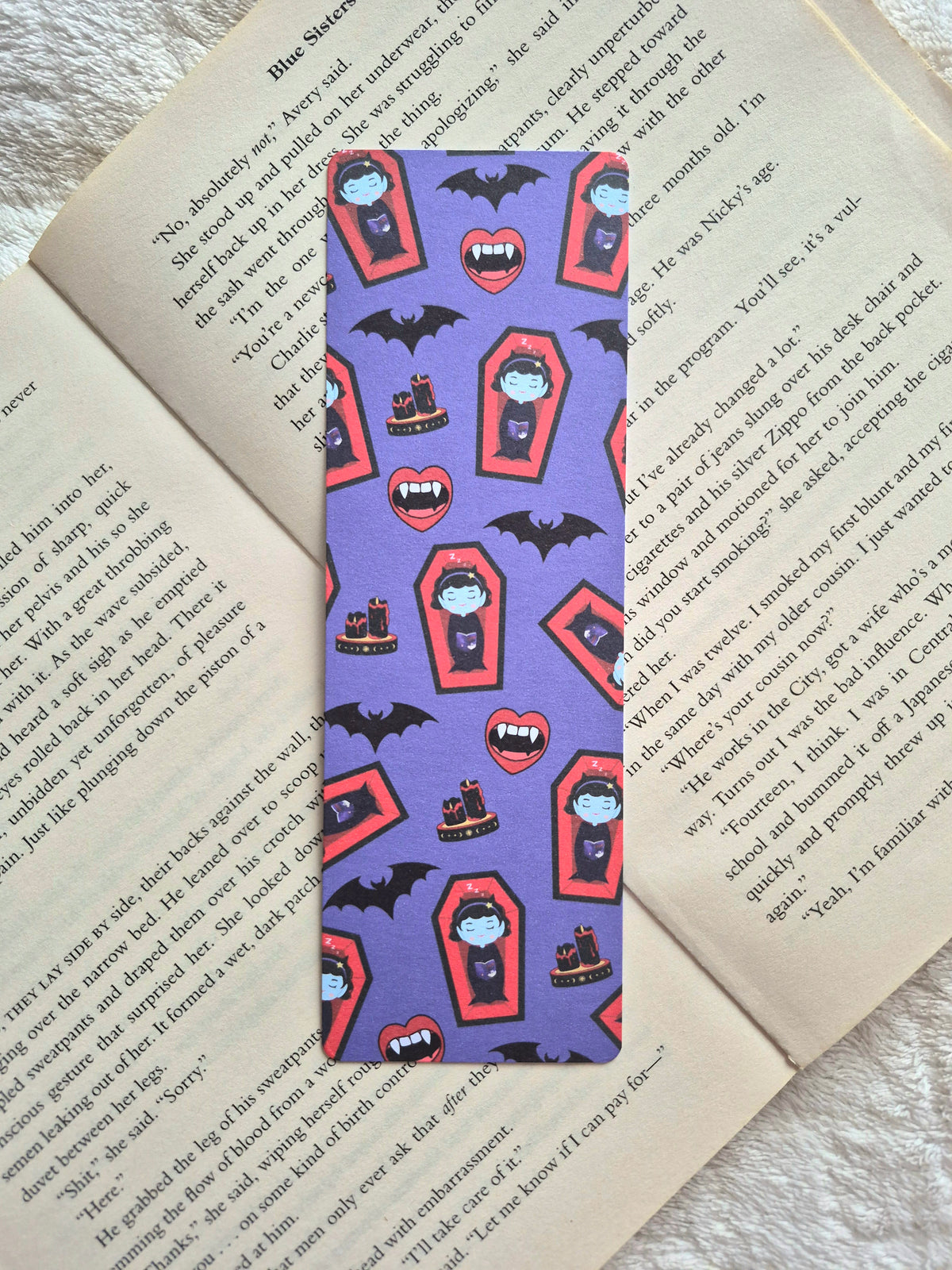Gothic vampire coffin bookmark: Double-sided print spooky season reading accessory
