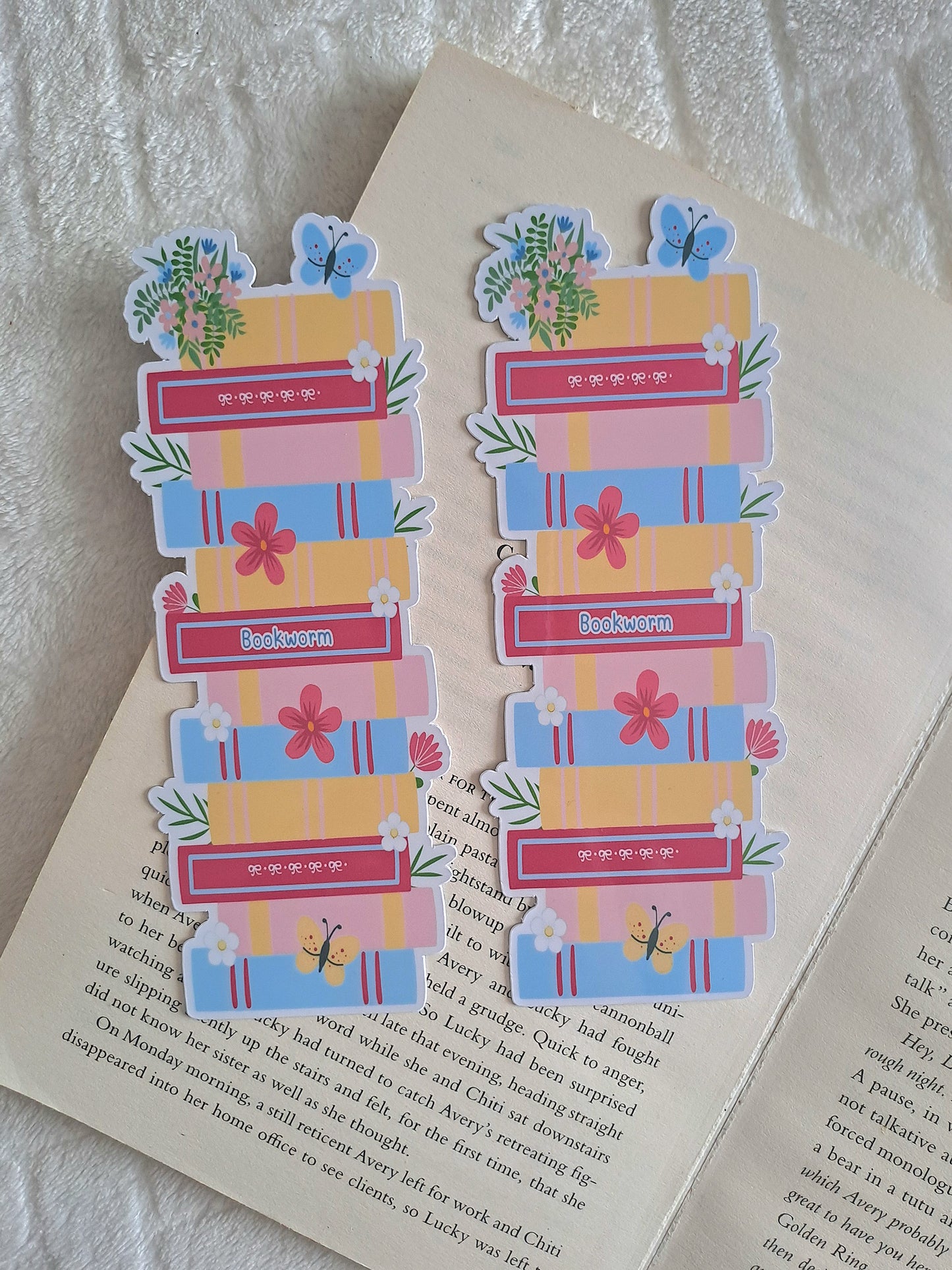 Floral blue and pink bookstack bookmark - Cut out bookmark - Gift for booklover