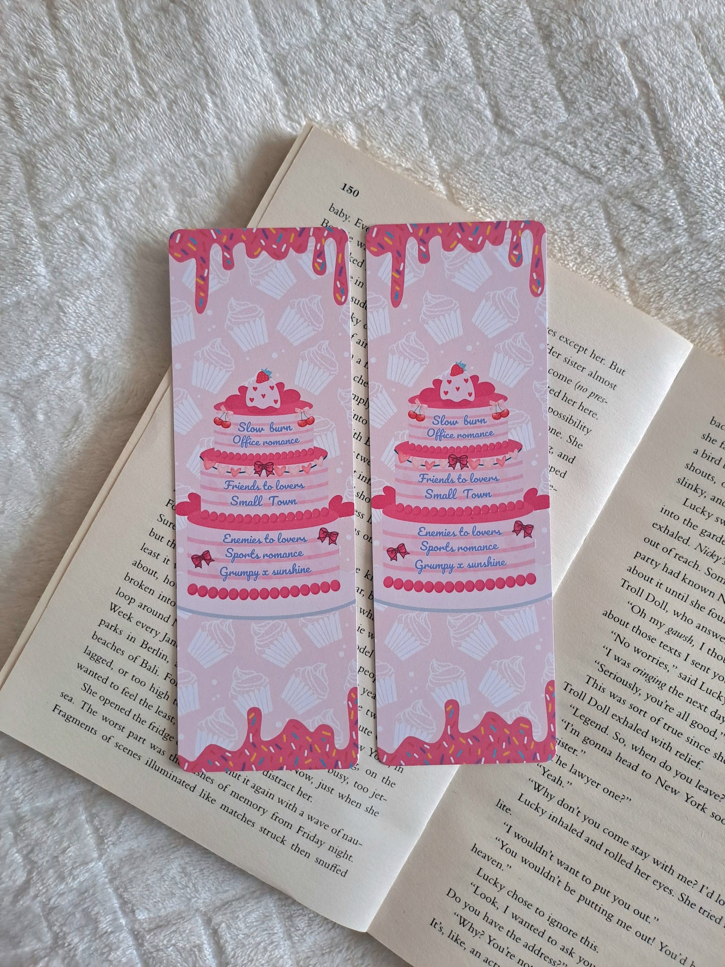 Romance book tropes pink cake bookmark