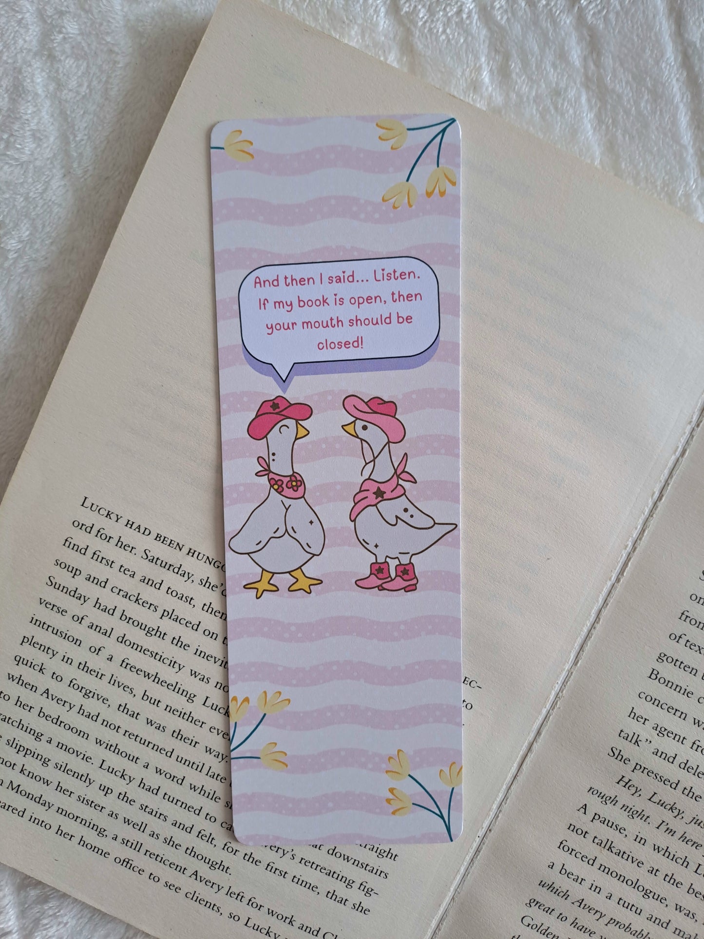 'If my book is open your mouth should be closed' Gossiping geese bookmark