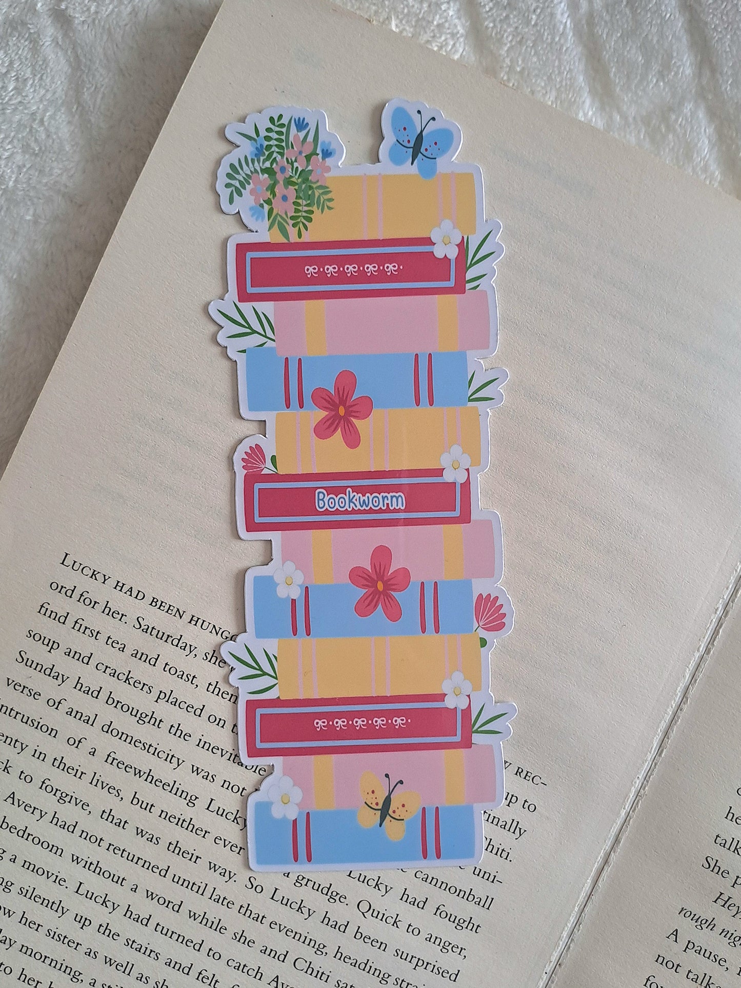 Floral blue and pink bookstack bookmark - Cut out bookmark - Gift for booklover