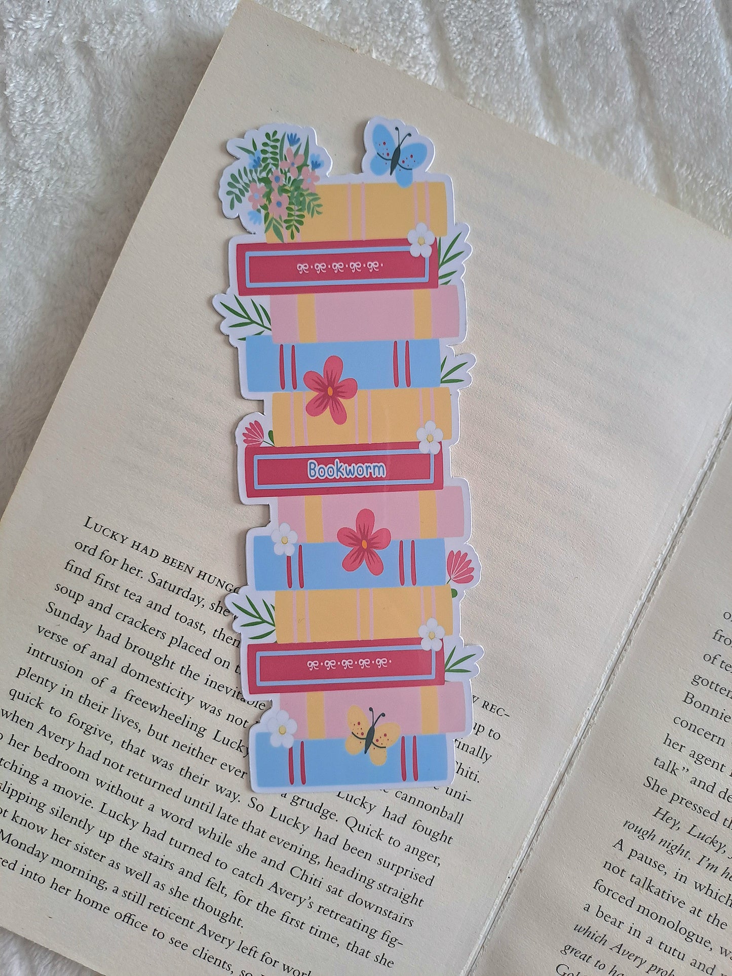 Floral blue and pink bookstack bookmark - Cut out bookmark - Gift for booklover