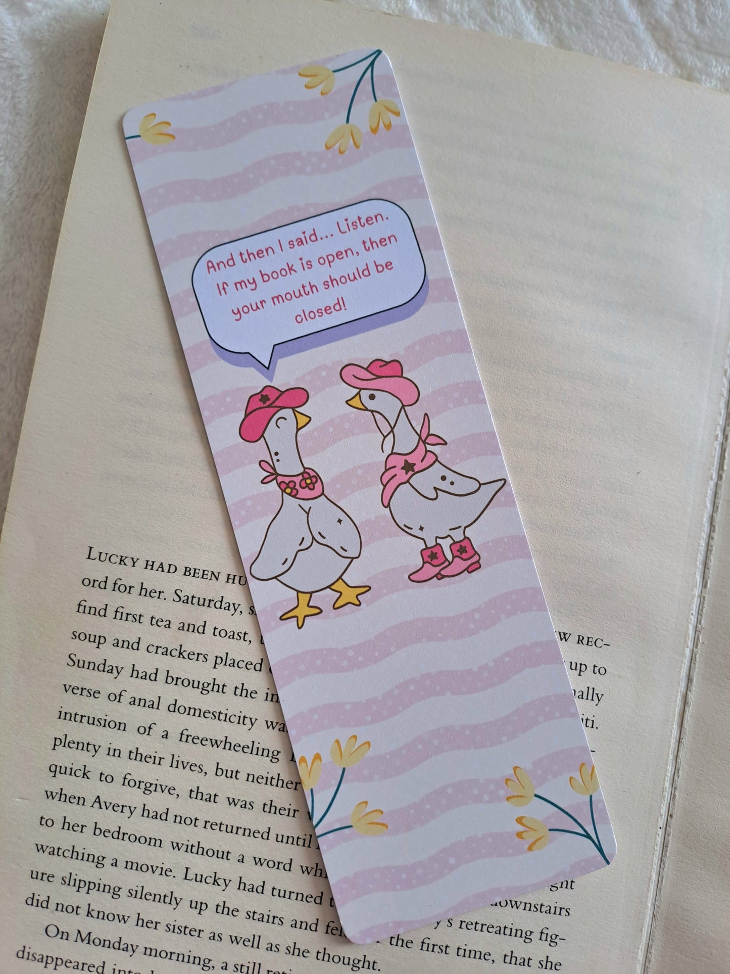 'If my book is open your mouth should be closed' Gossiping geese bookmark