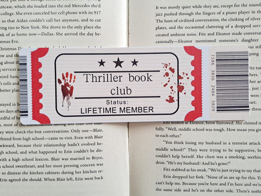 Thriller book club ticket bookmark