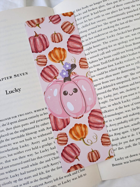 Pink and orange double-sided print pumpkins bookmark