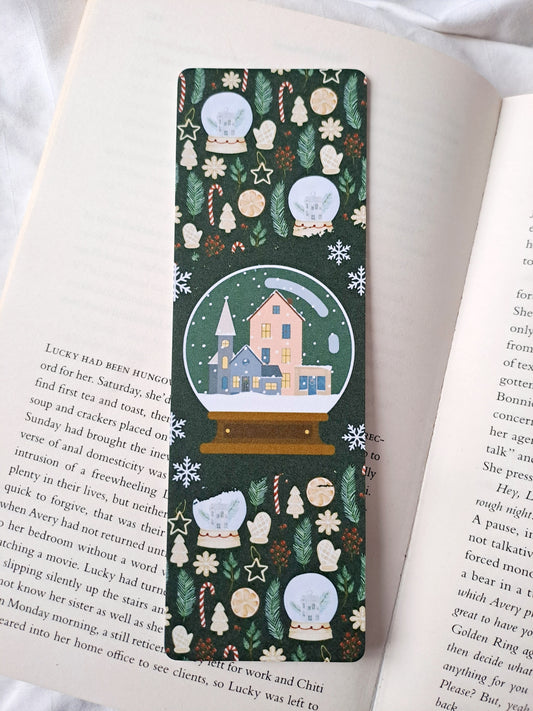 Magical Christmas snow globe bookmark in forest green