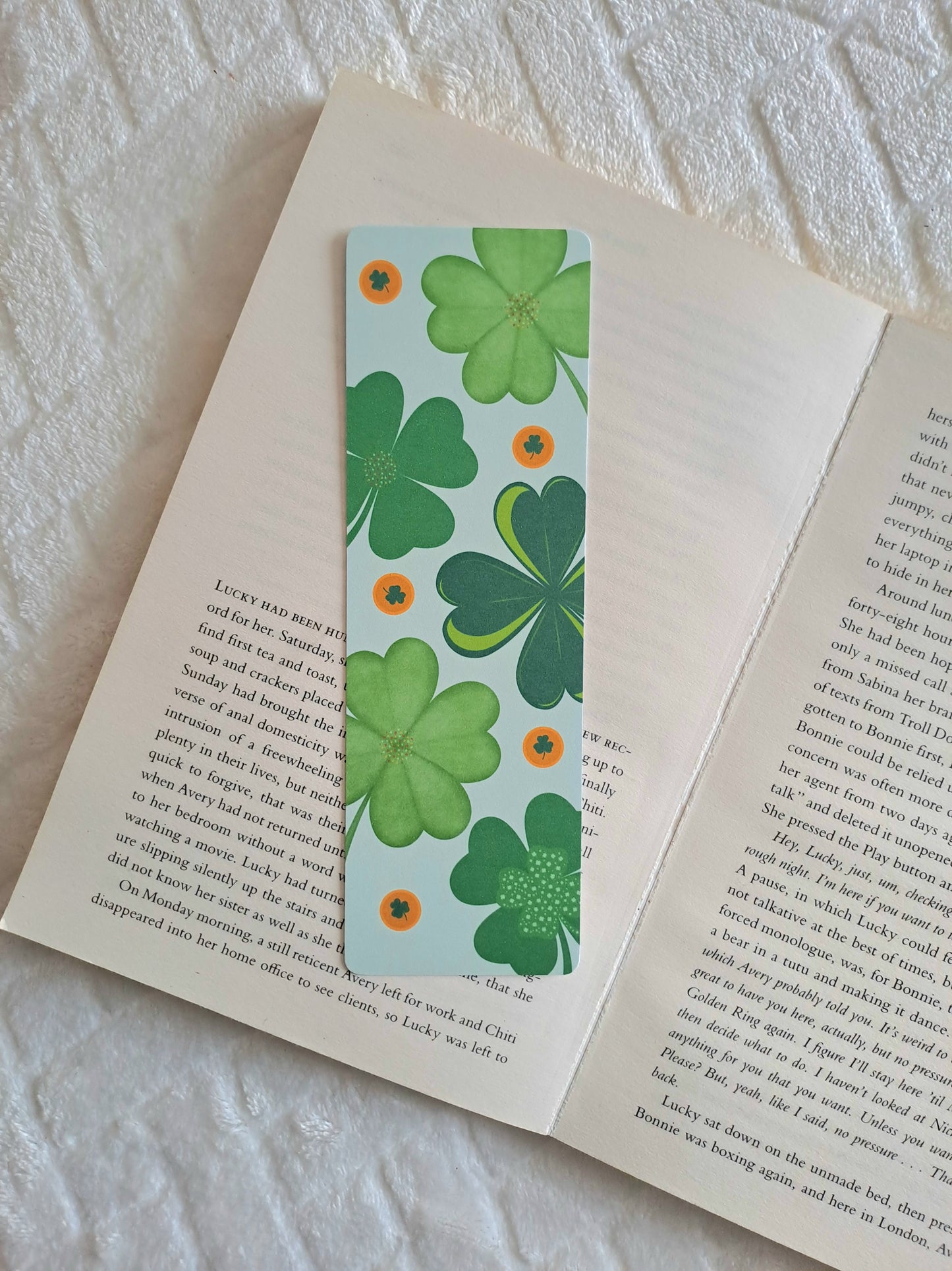 Large four leafed clover print St. Patricks Day bookmark