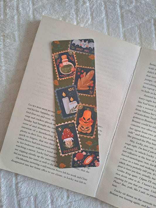 Halloween/autumn vintage stamps bookmark - Goth-lite, pumpkins, bat mail, toadstool, potions