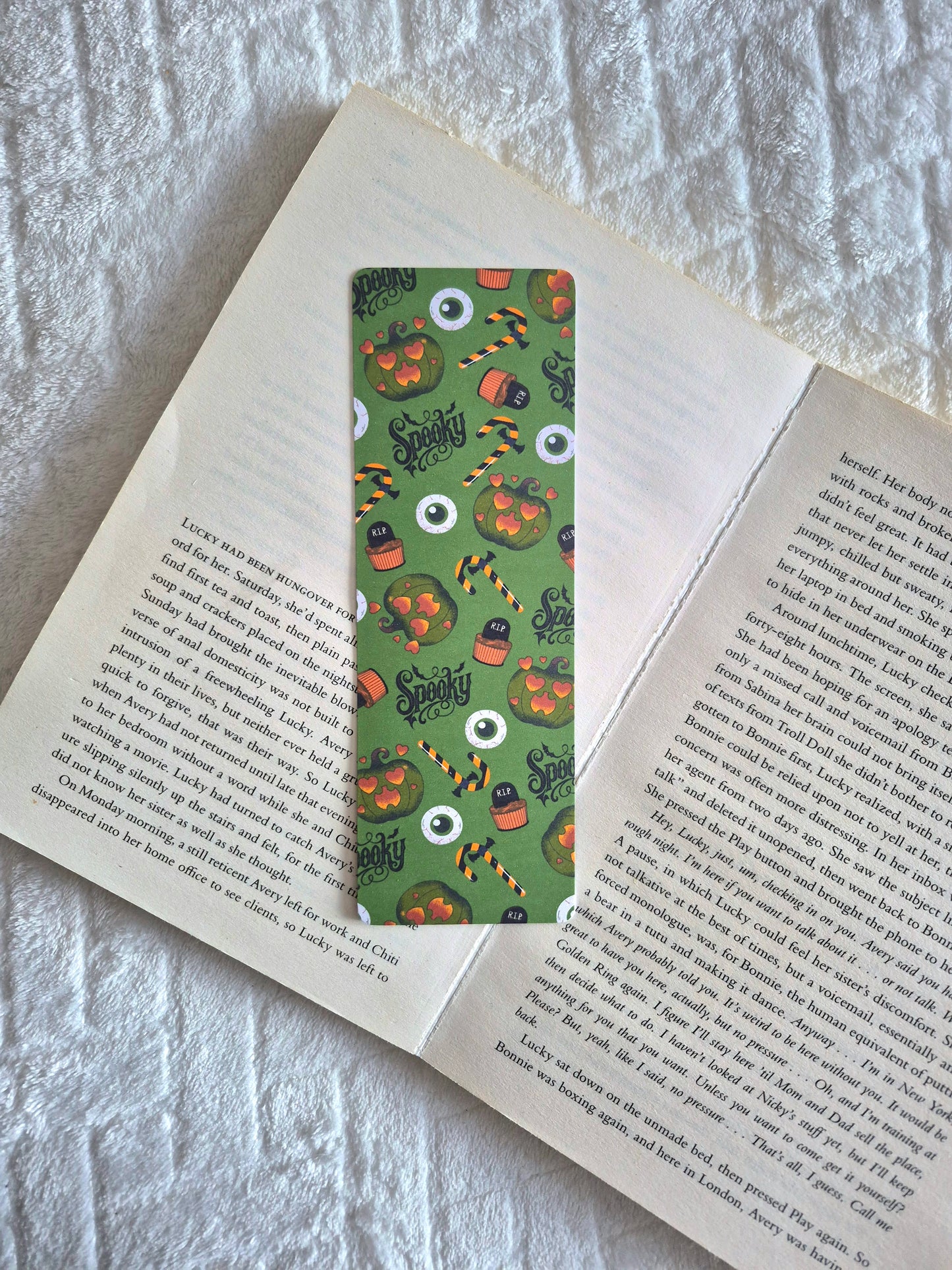 Spooky season pumpkins and candy canes Halloween bookmark: Gothic green