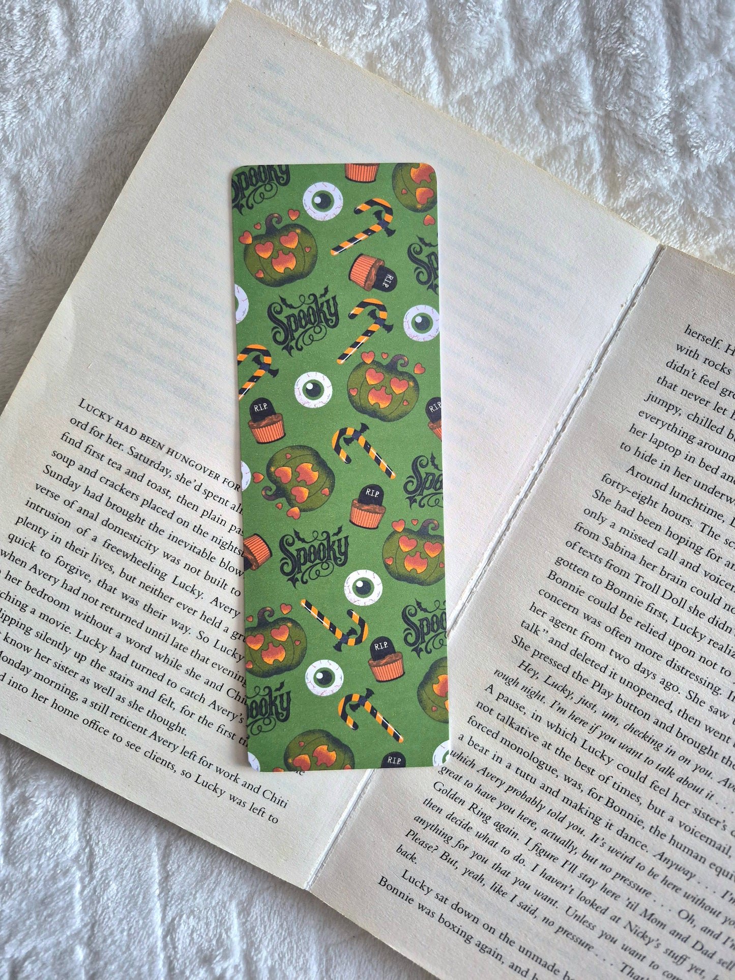 Spooky season pumpkins and candy canes Halloween bookmark: Gothic green