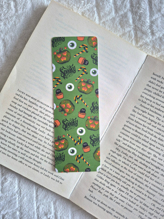 Spooky season pumpkins and candy canes Halloween bookmark: Gothic green