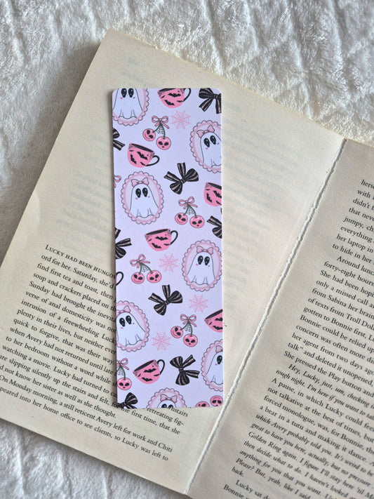 Ghosts, bows and brews Halloween bookmark: Double-sided print