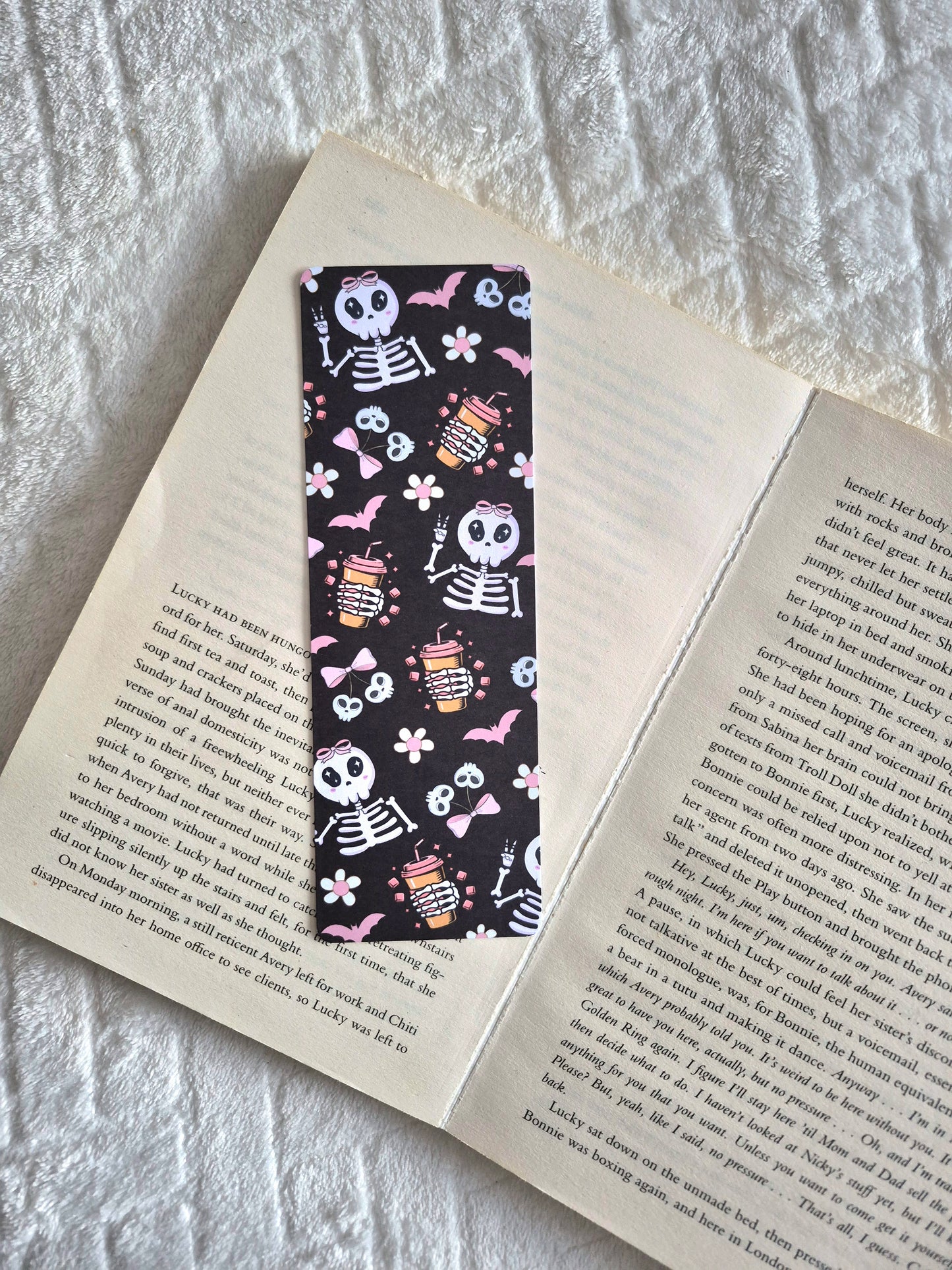 Skeletons, bats and coffee Halloween bookmark: Double-sided print