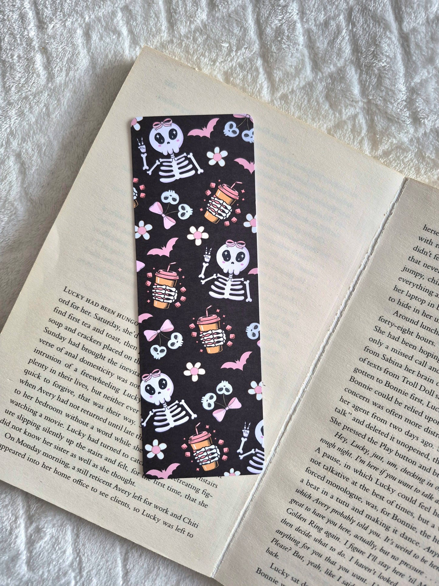 Skeletons, bats and coffee Halloween bookmark: Double-sided print