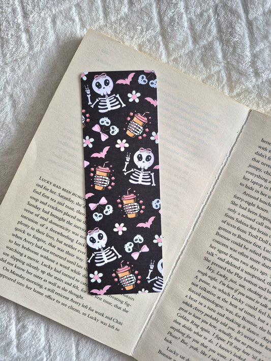 Skeletons, bats and coffee Halloween bookmark: Double-sided print