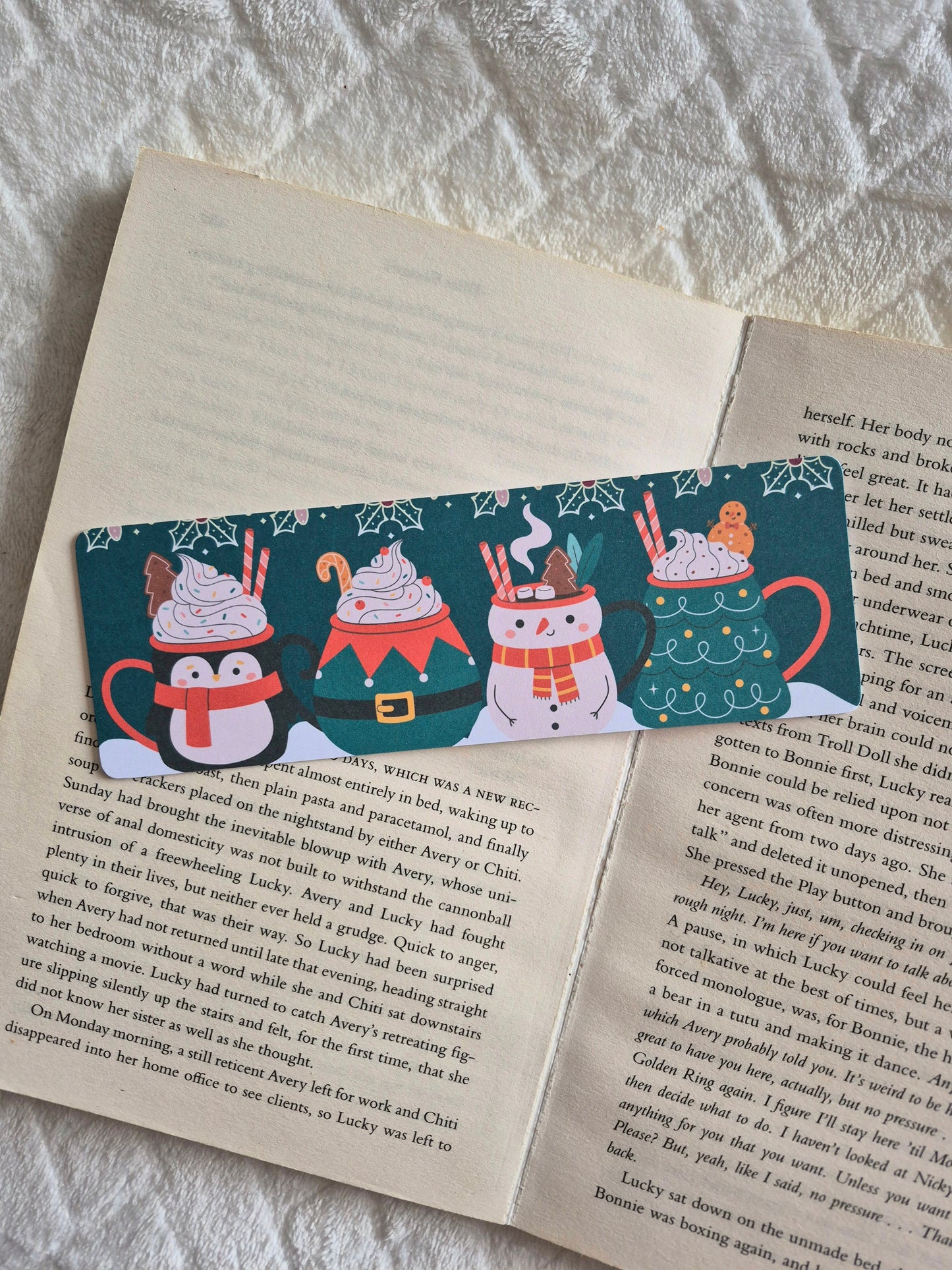 Christmas hot drinks bookmark: Gift for booklover, Snowman, Penguin, Elf