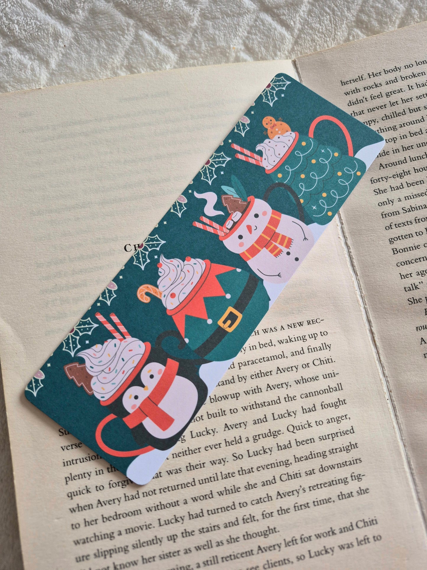 Christmas hot drinks bookmark: Gift for booklover, Snowman, Penguin, Elf