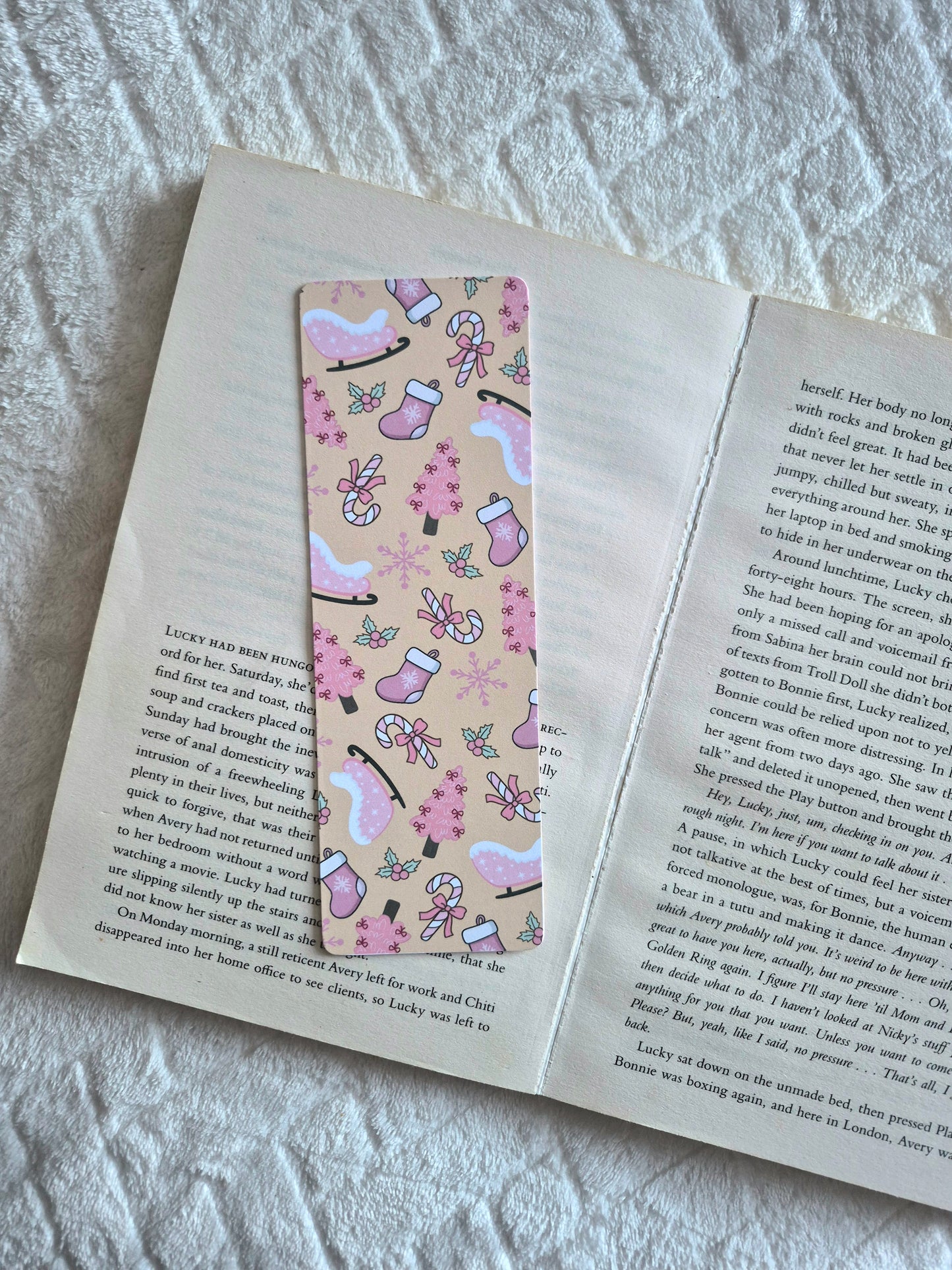 Pink festive bookmark: Candy canes, Christmas Sleigh, Gift for booklover