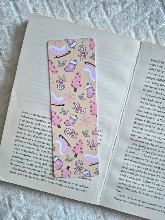 Pink festive bookmark: Candy canes, Christmas Sleigh, Gift for booklover