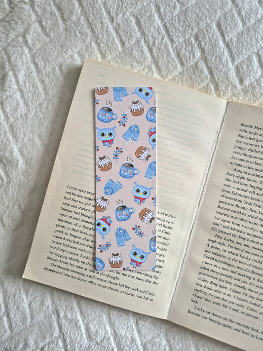 Winter Owls and Christmas puddings bookmark for booklovers.