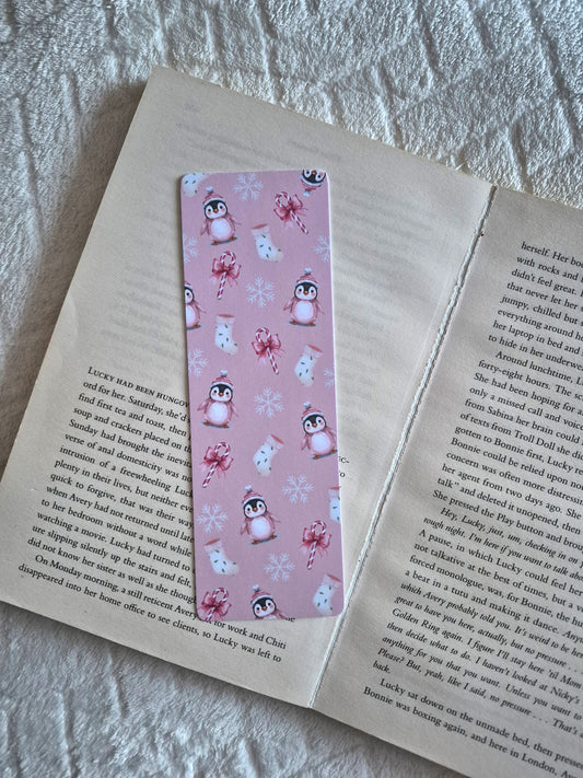 Pink peguins Christmas bookmark: Festive gift for booklovers