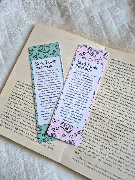 Booklover definition bookmark: pink and green