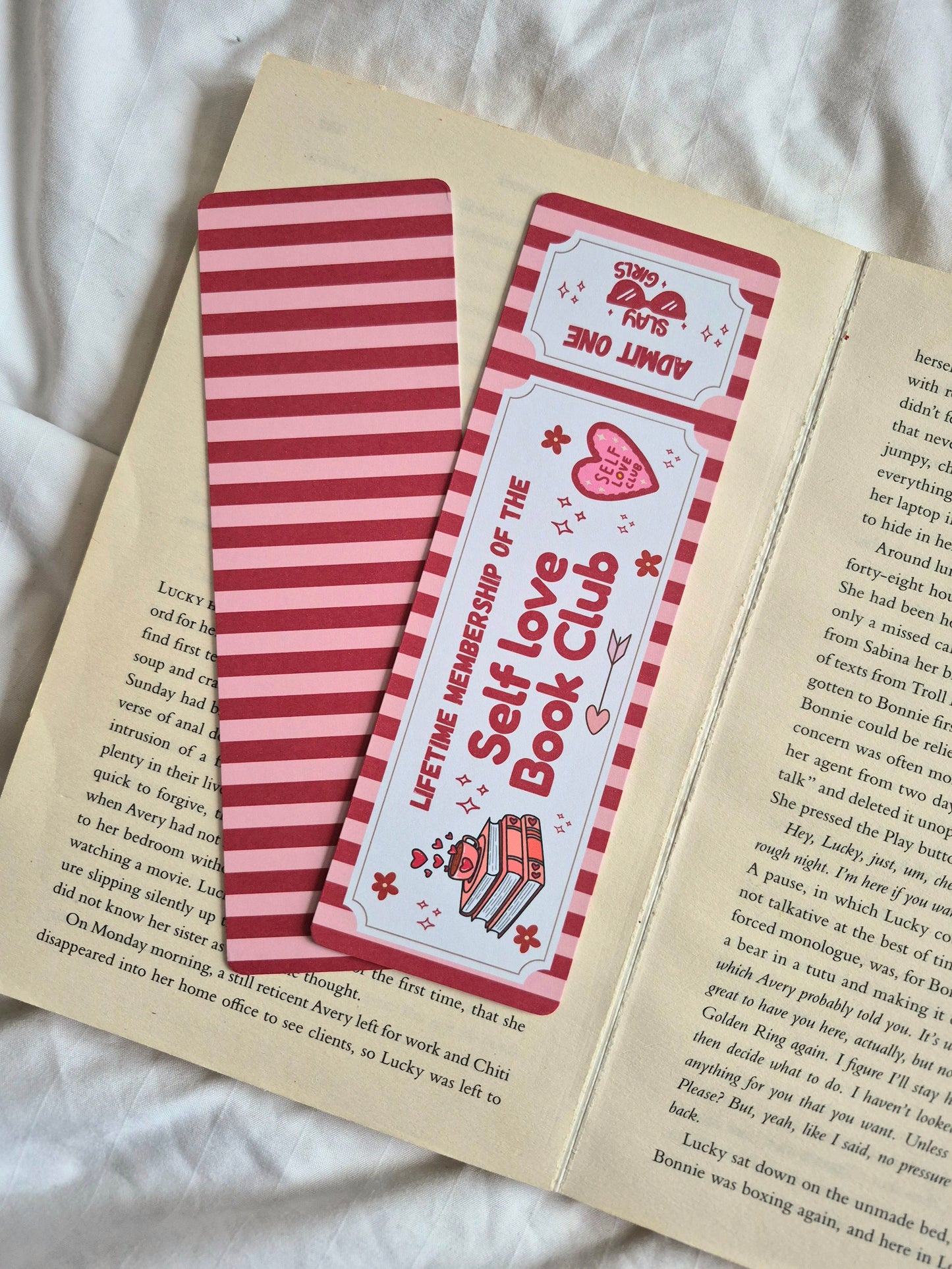 Self Love book club red and pink stripes bookmark