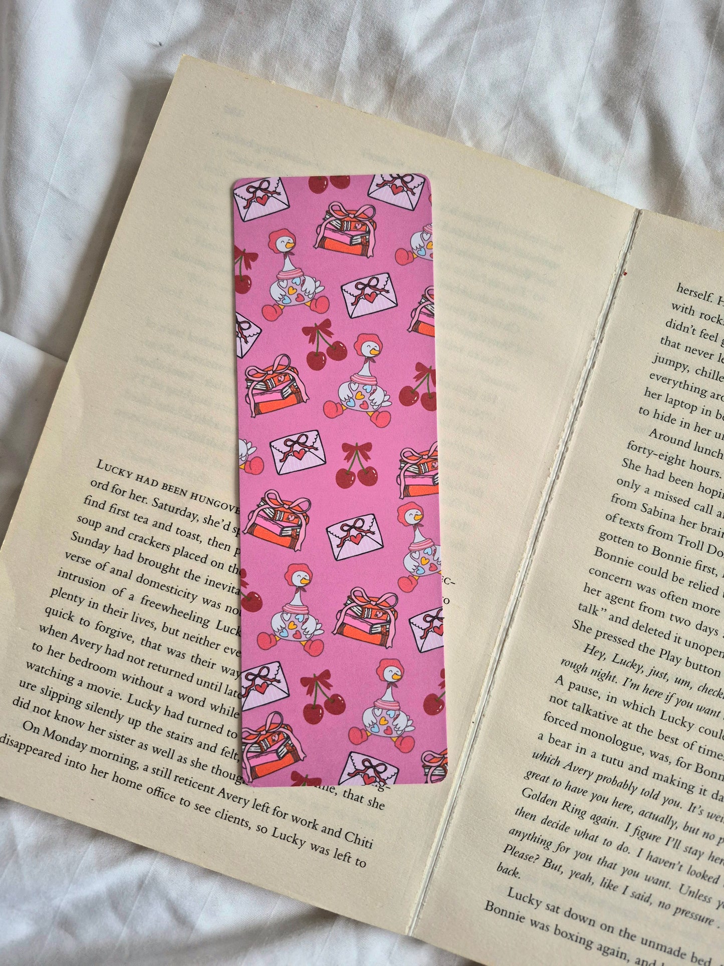 Goose and cherries valentines bookmark