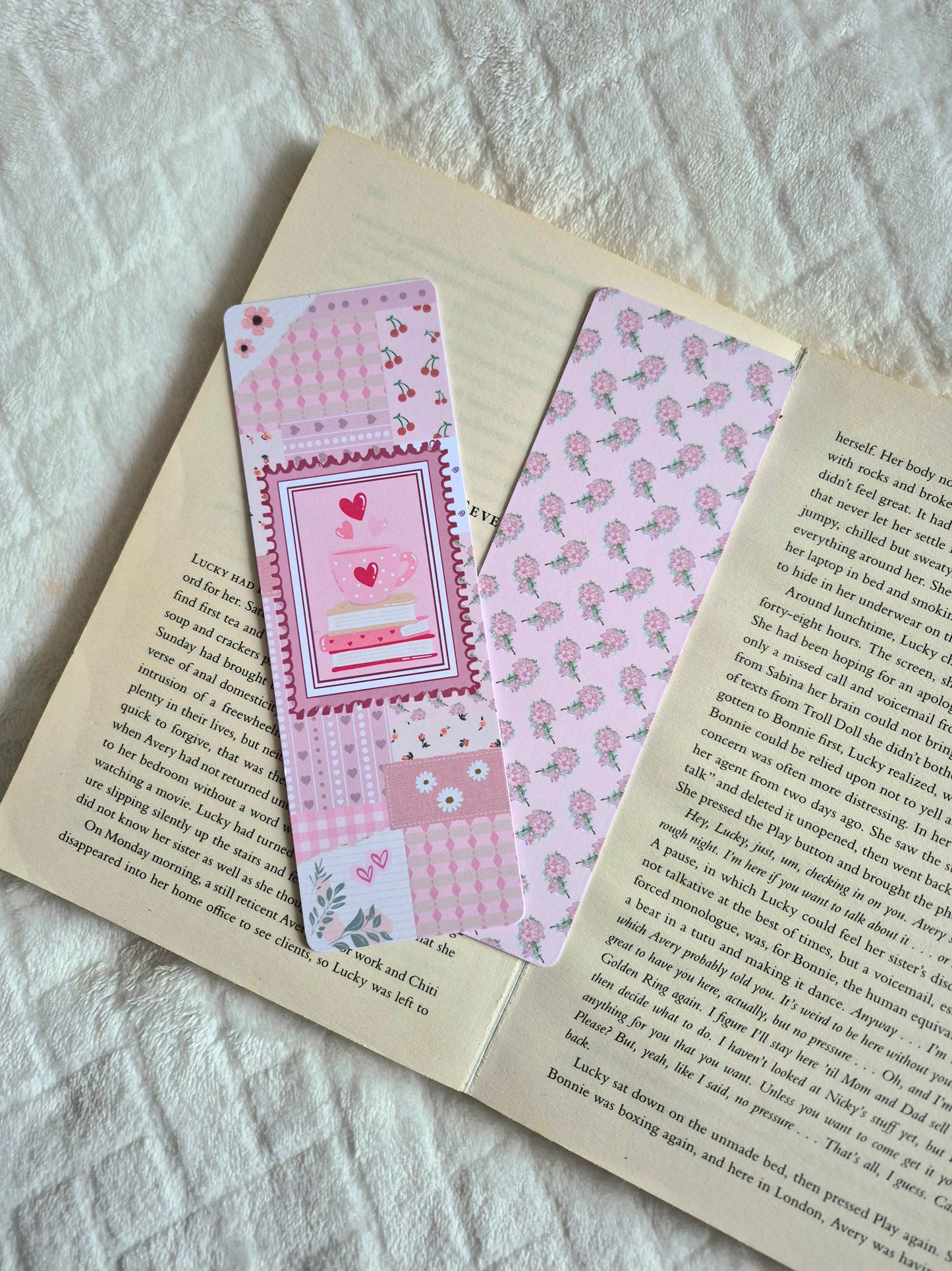 Pink patchwork books and tea double-sided floral bookmark