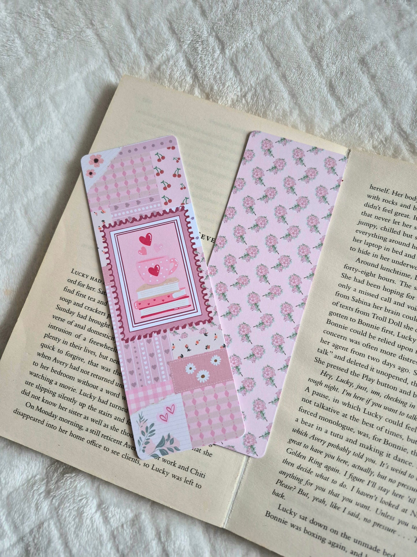 Pink patchwork books and tea double-sided floral bookmark
