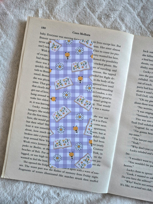 Bees and books purple chequered spring bookmark