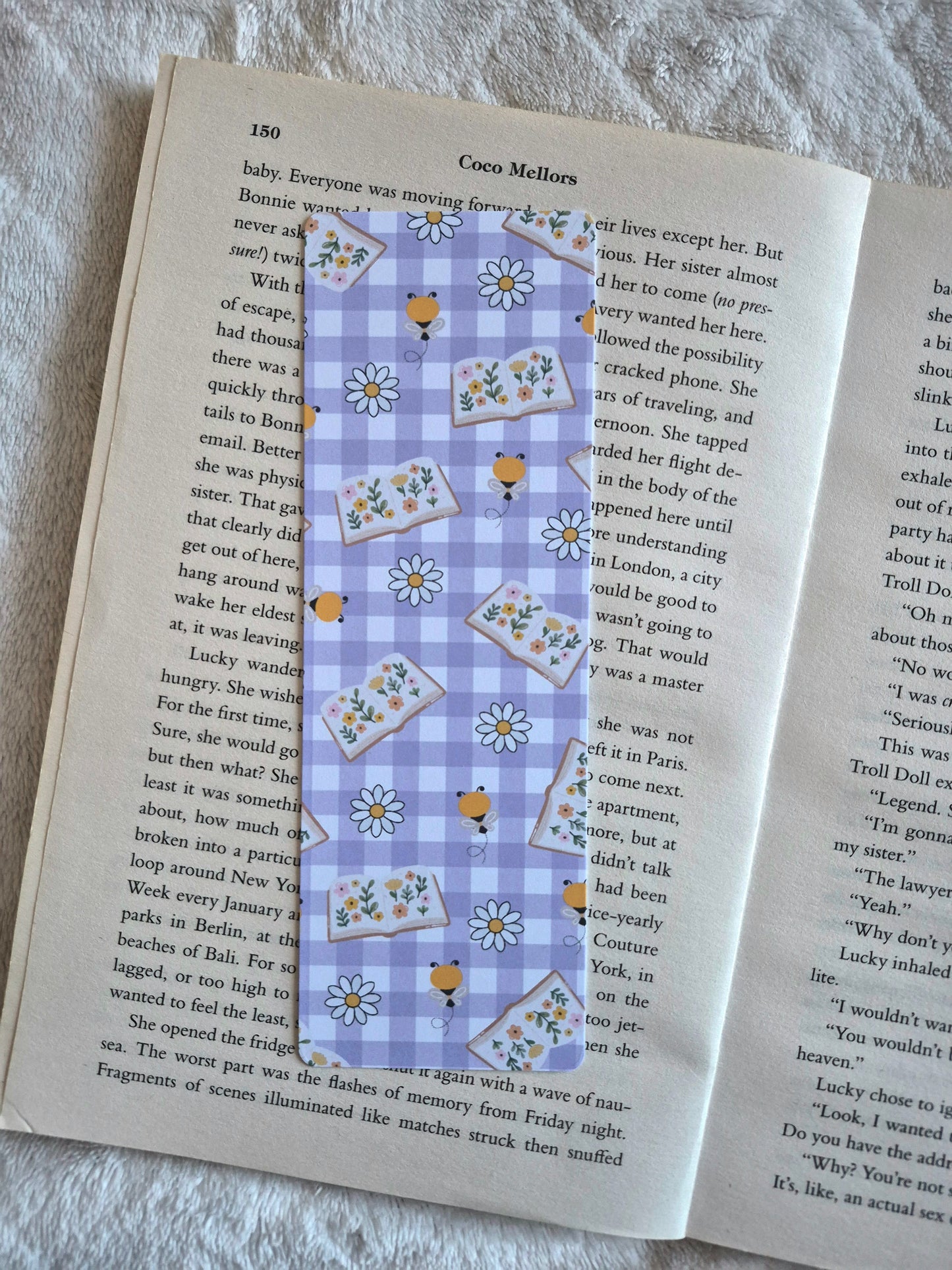 Bees and books purple chequered spring bookmark