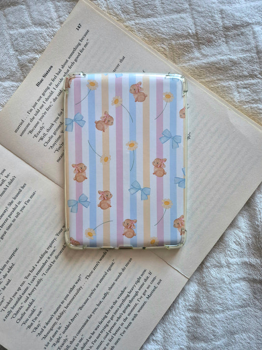 Bunnies and bows Kindle insert with pastel stripes