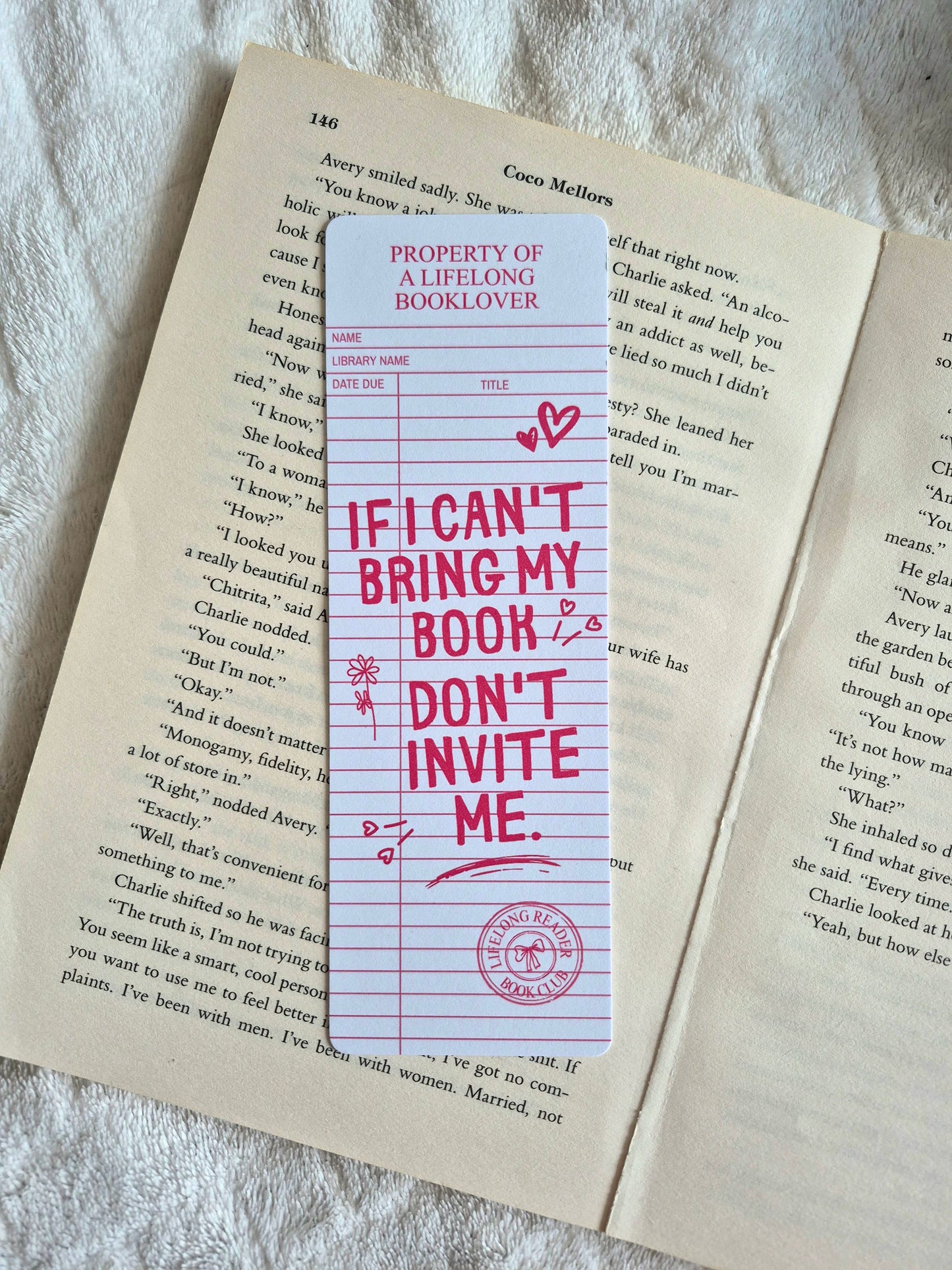 If I can't bring my book don't invite me library card bookmark