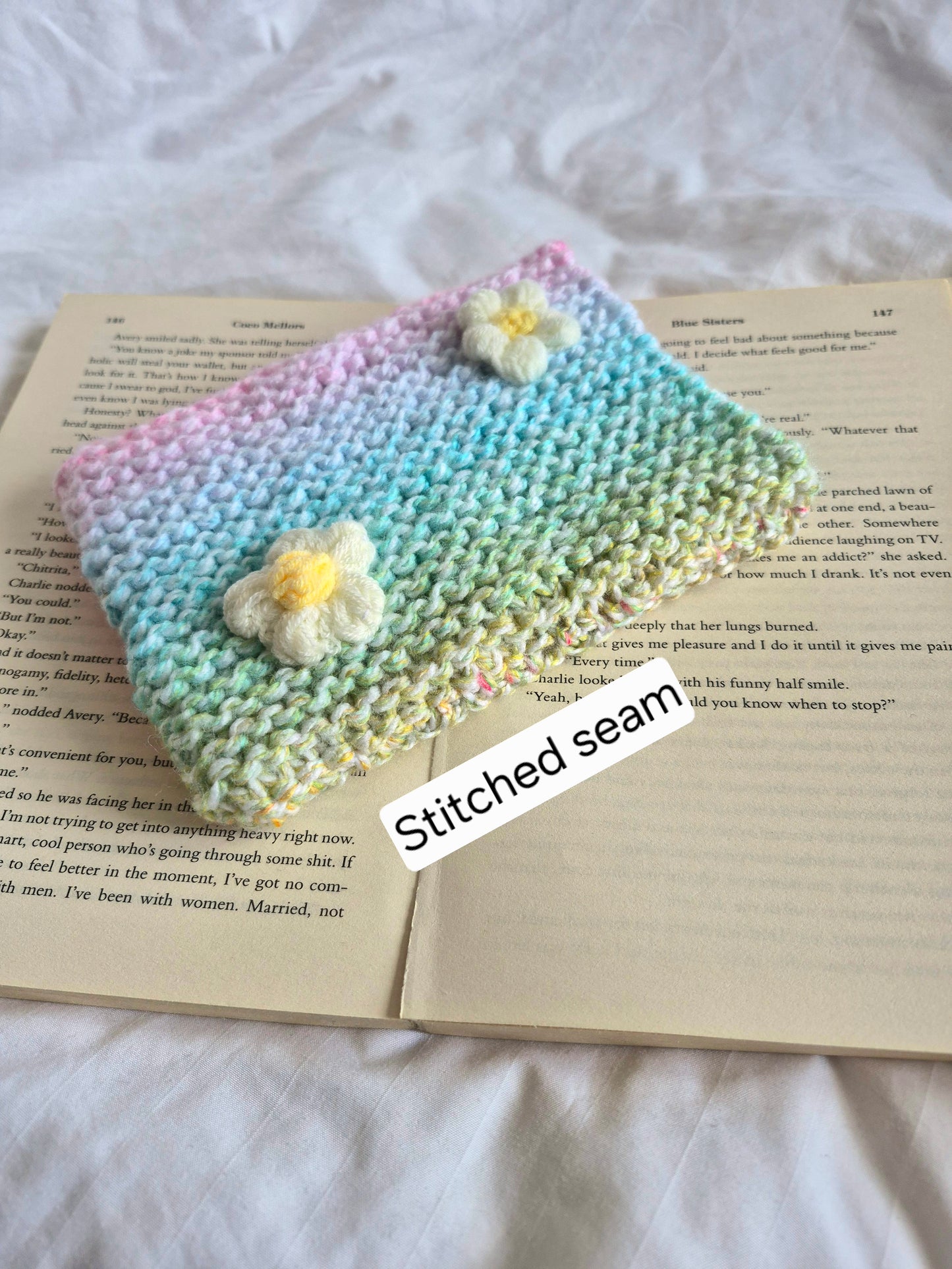 Small Rainbow knitted Kindle sleeve with white flowers