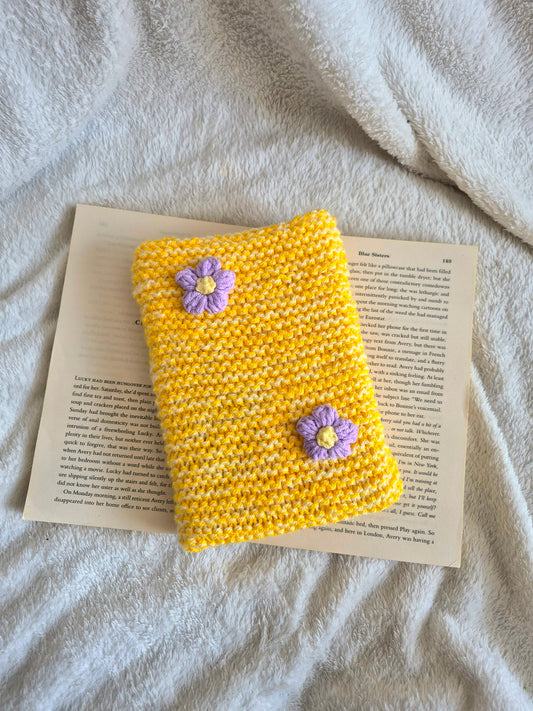 Large yellow knitted Kindle sleeve with purple flowers