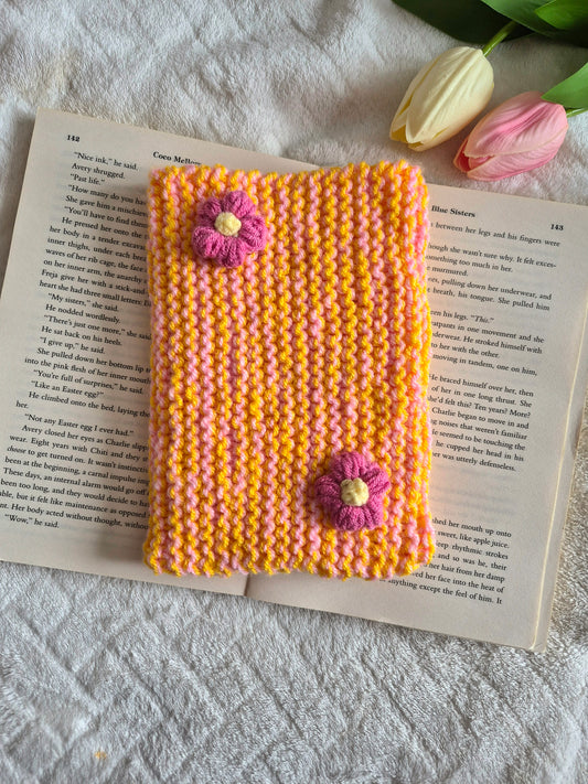 Large orange and pink knitted Kindle sleeve with pink flowers